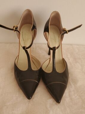 Black T-Strap Pointed-Toe High Heel Pump with Gold Buckle